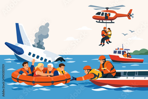 Rescue Team Saving Passengers After Airplane Crash in the Sea with Helicopter and Lifeboat, Emergency Evacuation and Search and Rescue Operation Scene Vector Illustration in Flat Design Style