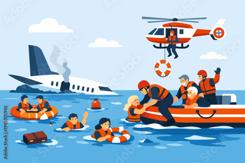 Rescue team saving passengers after an airplane crash in the ocean. Emergency operation with helicopter and boat rescuing survivors in life jackets. Flat vector illustration of disaster scene.
