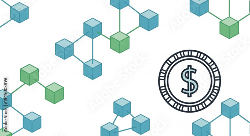 Cryptocurrency blockchain network with dollar sign coin on white background illustrating digital finance and money concept