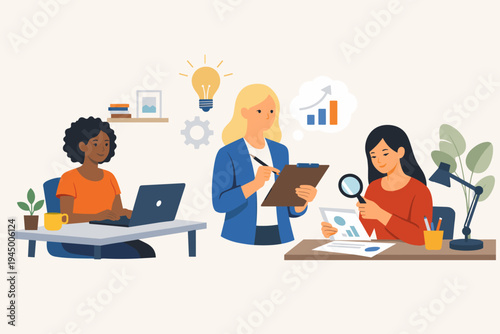Professional diverse women collaborating in a modern office, analyzing financial data with charts and magnifying glass, using laptop, brainstorming creative ideas. Flat vector illustration.
