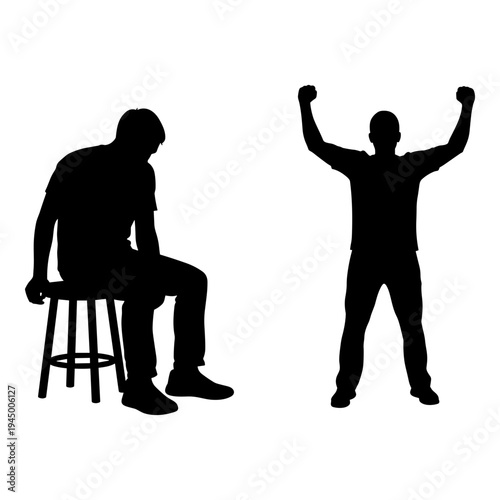 Contrast of moods between a person sitting dejectedly and one triumphantly standing Vector, illustration