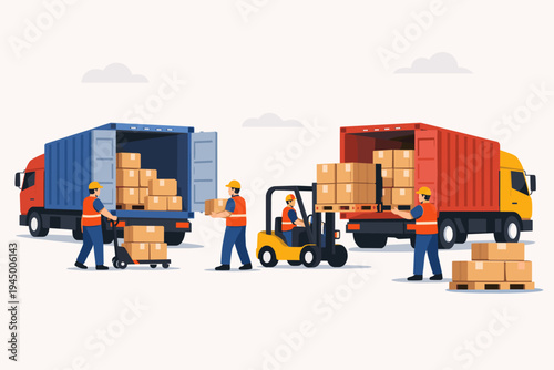 Logistics Workers Loading Cardboard Boxes into Cargo Trucks with Containers Using Forklift and Pallet Jack, Global Shipping, Freight Transportation, Distribution, and Supply Chain Management