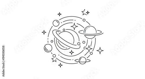 Planets and stars in space solar system illustration astronomy icons celestial bodies orbiting planets with rings and moons stars and asteroids in a circular motion space