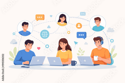 Flat Vector Illustration of People Working on Laptops and Communicating via the Internet, Remote Team Collaboration, Global Networking, Social Media Connectivity, and Online Customer Support Concept