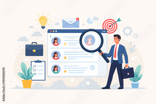 Recruiter holding a magnifying glass to find the best candidate on a digital screen. Concept of human resources, job search, hiring process, talent acquisition, and professional recruitment.