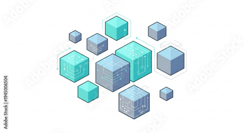 Group of 3d isometric cubes in blue and teal hues on white background for business or technology concepts