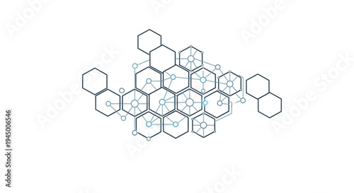 Molecular structure illustration with interconnected hexagons and atoms on white background for science and chemistry concepts