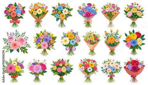 A colorful floral arrangement and floral elements on a white background