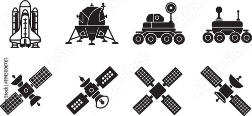 Space Mission Icons. Outline icon set of space mission vehicles: spacecraft, lunar module, rover, space capsule, shuttle, space