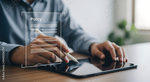 Person digitally signing a policy document on a tablet device using a stylus