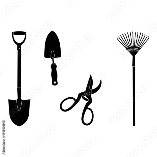Classic gardening tools including a shovel, trowel, pruning shears, and rake. Vector, illustration