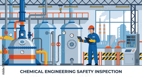 Chemical Engineer Inspecting Equipment

Flat vector illustration of a chemical engineer inspecting large chemical reactors or tanks in a factory. Safety helmet and gloves visible. Flat vector style