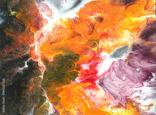 Vibrant abstract background with an explosion of orange, purple, and silver. Dynamic acrylic pour painting with a fiery, cosmic texture. Perfect for modern design, covers, or wallpapers.