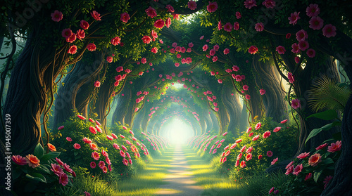 Mystical Pink Flower Tunnel in a Lush Fantasy Forest, Enchanted Garden Path with Ethereal Sunbeams and Vibrant Greenery, Cinematic 3D Stylized Environment Backdrop