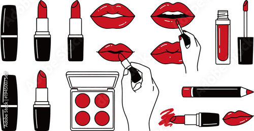 Red lipstick icons set. Womens lipstick icon in flat style. Vector illustration
