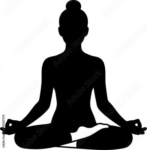Drawing of a woman sitting in lotus pose and meditating in one line art style.

