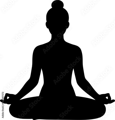 Drawing of a woman sitting in lotus pose and meditating in one line art style.
