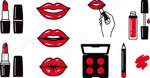 Red lipstick icons set. Womens lipstick icon in flat style. Vector illustration
