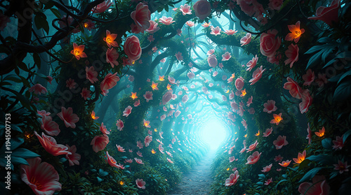 Vibrant 3D Render of a Magical Floral Archway Tunnel with Exaggerated Foliage and Soft Cinematic Lighting for Games