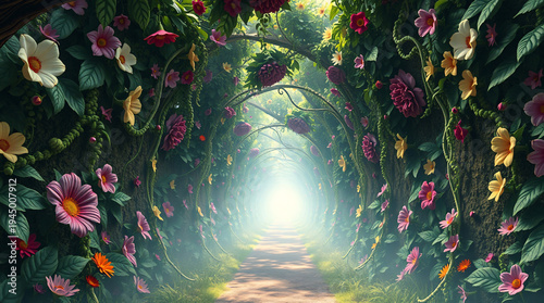 Stylized 3D Fantasy Forest Tunnel with Endless Floral Archway and Magical Glowing Light