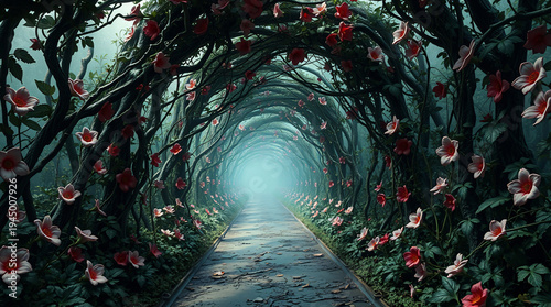 Enchanted Fantasy Forest Tunnel with Gnarled Tree Branches, Red Flowers, and a Glowing Magical Light at the End of the Pathway