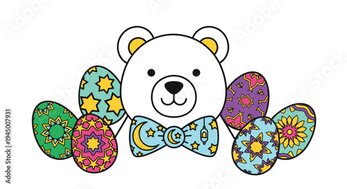 Festive Bear with Decorated Eggs and Bowtie Illustration.