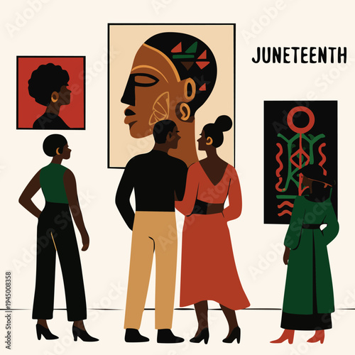 People in art gallery viewing African heritage paintings for Juneteenth