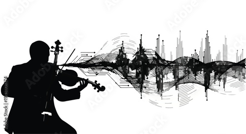 Musician's silhouette plays violin, creating a visual sound wave.