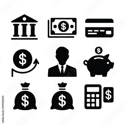 Business and finance icon set with money, bank, phone, car and media symbols for web and computer communication vector illustration