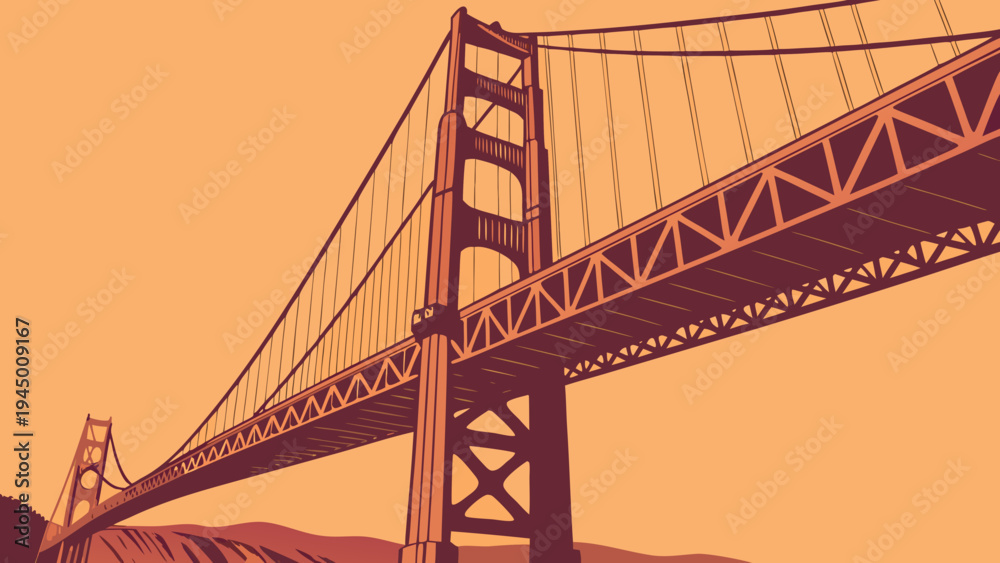 Fototapeta premium Iconic Suspension Bridge Architecture Seen From Below Against Warm Monochromatic Sky Background golden gate bridge