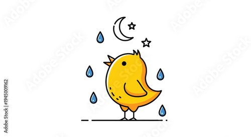 Sad Yellow Chick Under Rain with Moon and Stars.
