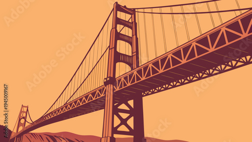 Iconic Suspension Bridge Architecture Seen From Below Against Warm Monochromatic Sky Background golden gate bridge