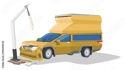 Family friendly touring car crashed into a street light pole. Front of the vehicle was damaged. Bumper was broken and radiator was bent. Lighting pole is bent. Isolated white background.