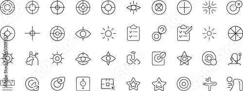 Collection of Thin Line Icons Representing Targets Eyes Sun Clipboard and More line art outline