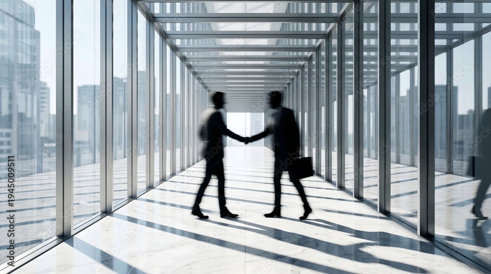 Fototapeta premium Wide Angle View of Male Executives Handshake in a Bright Office Hallway for B2B Marketing