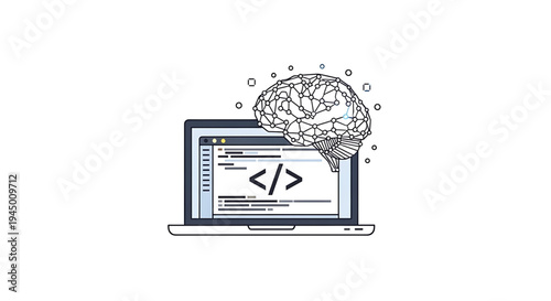 Conceptual illustration of AI and machine learning, featuring a laptop with code and a wireframe brain, symbolizing technology, innovation, and smart development