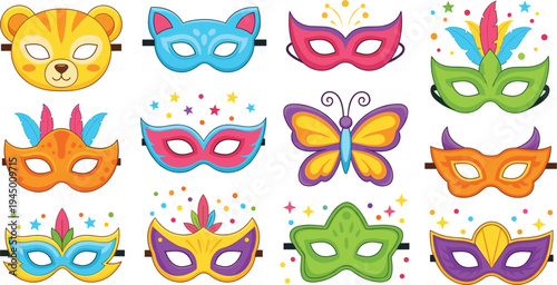 Colorful Carnival Masquerade Mask Collection with Animal Butterfly Feather and Party Costume Masks for Festival Celebration Events and Cartoon Vector Illustration Set
