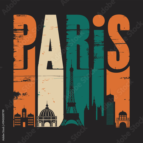 Vintage vector illustration of the Paris skyline with the Eiffel Tower, historic buildings, and travel landmark design in silhouette style