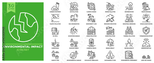 Environmental impact icon collection. Contains icons for air pollution, deforestation, industrial emissions, soil degradation, ocean acidification, habitat loss, wildlife threat and deforestation.