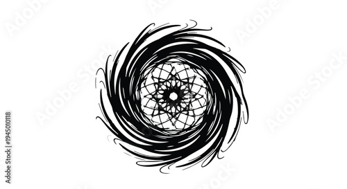 Abstract black swirling vortex pattern on a white background