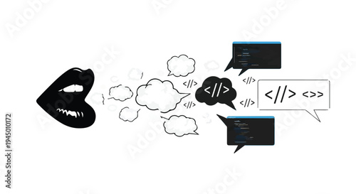 Illustration of a mouth speaking code and ideas through thought bubbles