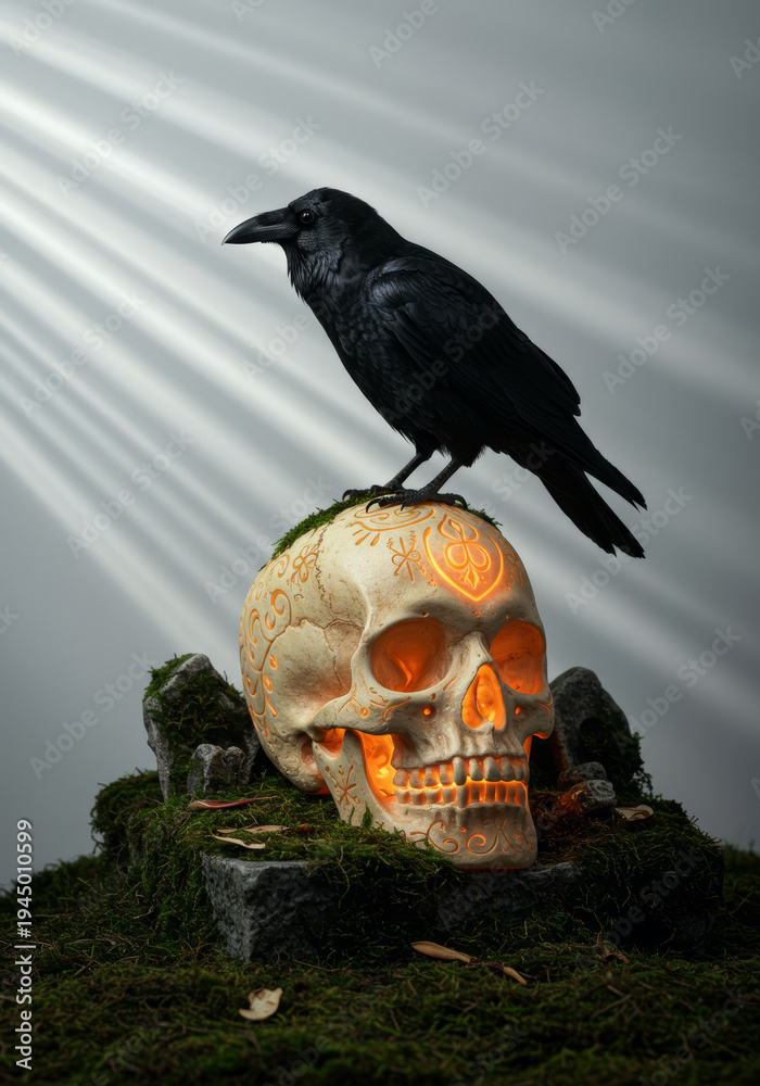 Fototapeta premium Black crow sitting on decorative skull with glowing orange interior, occult symbolism, gothic decor, eerie atmosphere, mystical lighting.