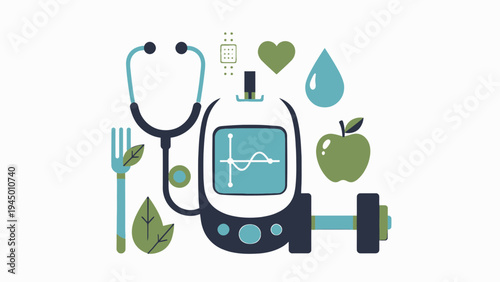 Diabetes Management Flat Design Icon Set vector illustration