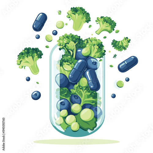 Vitamin Capsule Explosion. Fresh broccoli, kale and blueberry supplement , vector style simple color