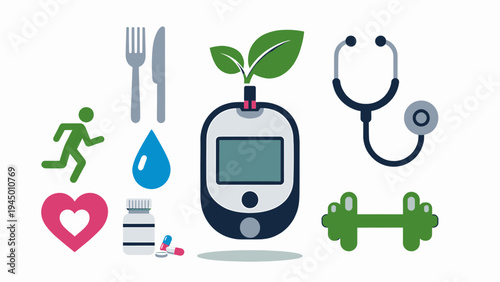 Diabetes Healthcare Concept with Diet Exercise and Monitoring vector illustration
