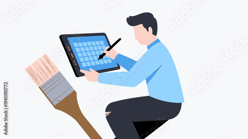 Digital Artist Working on Tablet with Brush vector illustration
