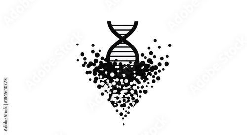 DNA helix disintegrating into scattered particles, representing genetic mutation or breakdown.