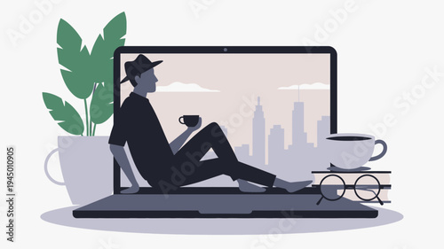 Remote Work Man Relaxing on a Laptop with City View vector illustration