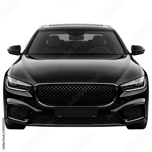 A sleek black car with a modern design and dark tinted windows