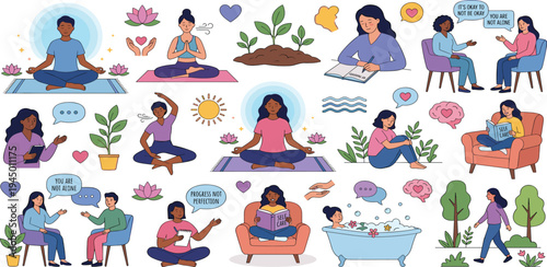 Empowering Illustrations of Holistic Well-being and Personal Growth Diverse Individuals Embracing Mindfulness, Self-Care, and Mental Health Practices